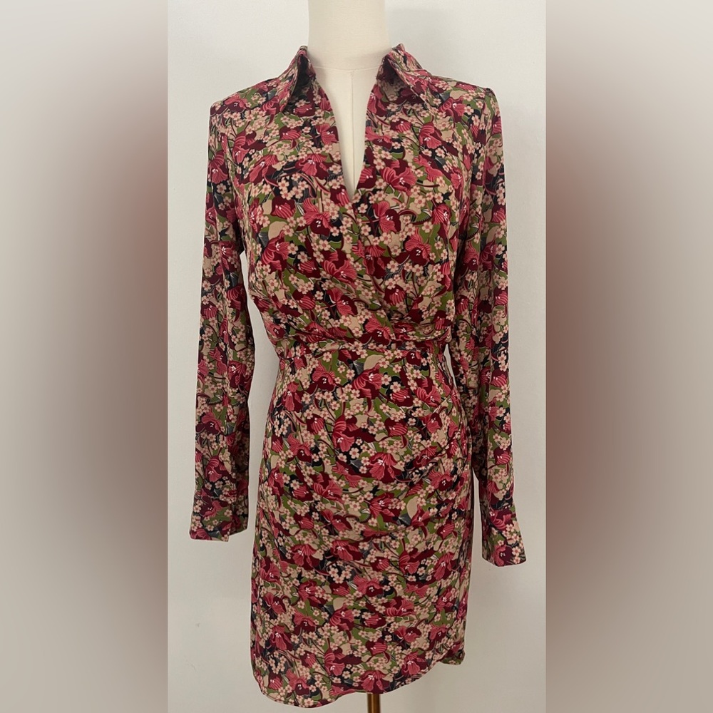 Castro Floral Long Sleeve Collared Dress Deep V Neck Size 2